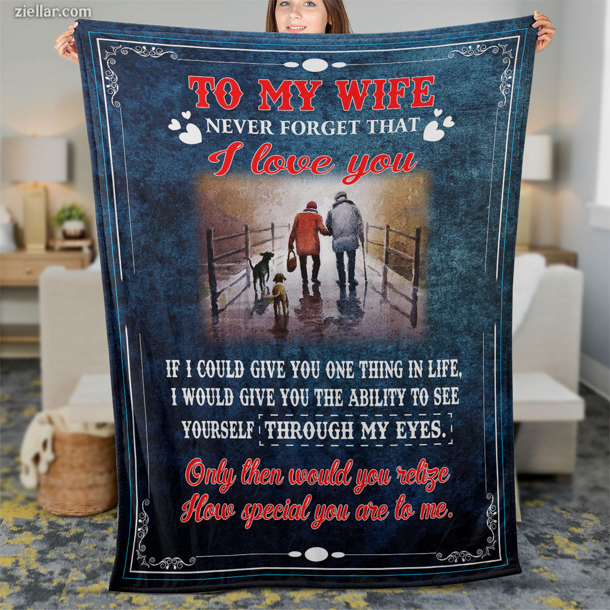To My Wife Quilt Blanket, Fleece Blanket Romantic Pier Scene Gift with Blue Night Sky, Personalized