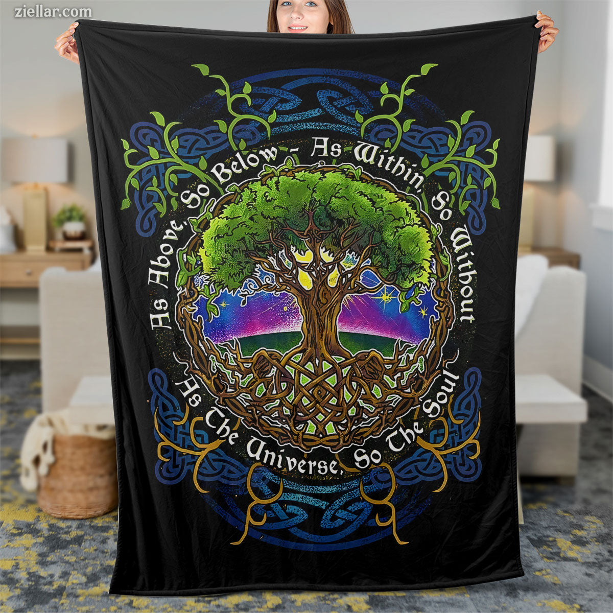 Celtic Tree of Life Quilt Blanket, Fleece Blanket Spiritual Forest Owl Design Gift Idea