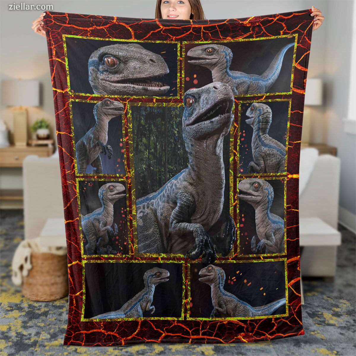 Velociraptor Quilt Blanket, Fleece Blanket Dinosaur Reptile Gift for Boys and Dino Lovers