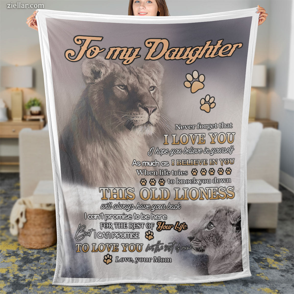 To My Daughter Quilt Blanket, Fleece Blanket Lion and Paw Print Art, Custome Name