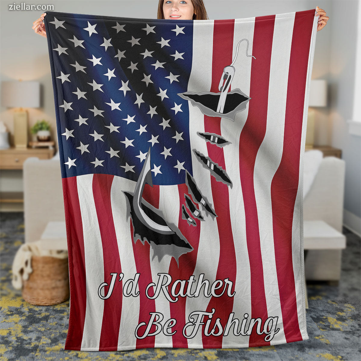Fishing Flag Quilt Blanket, Fleece Blanket Patriotic Fisherman Gift for Him