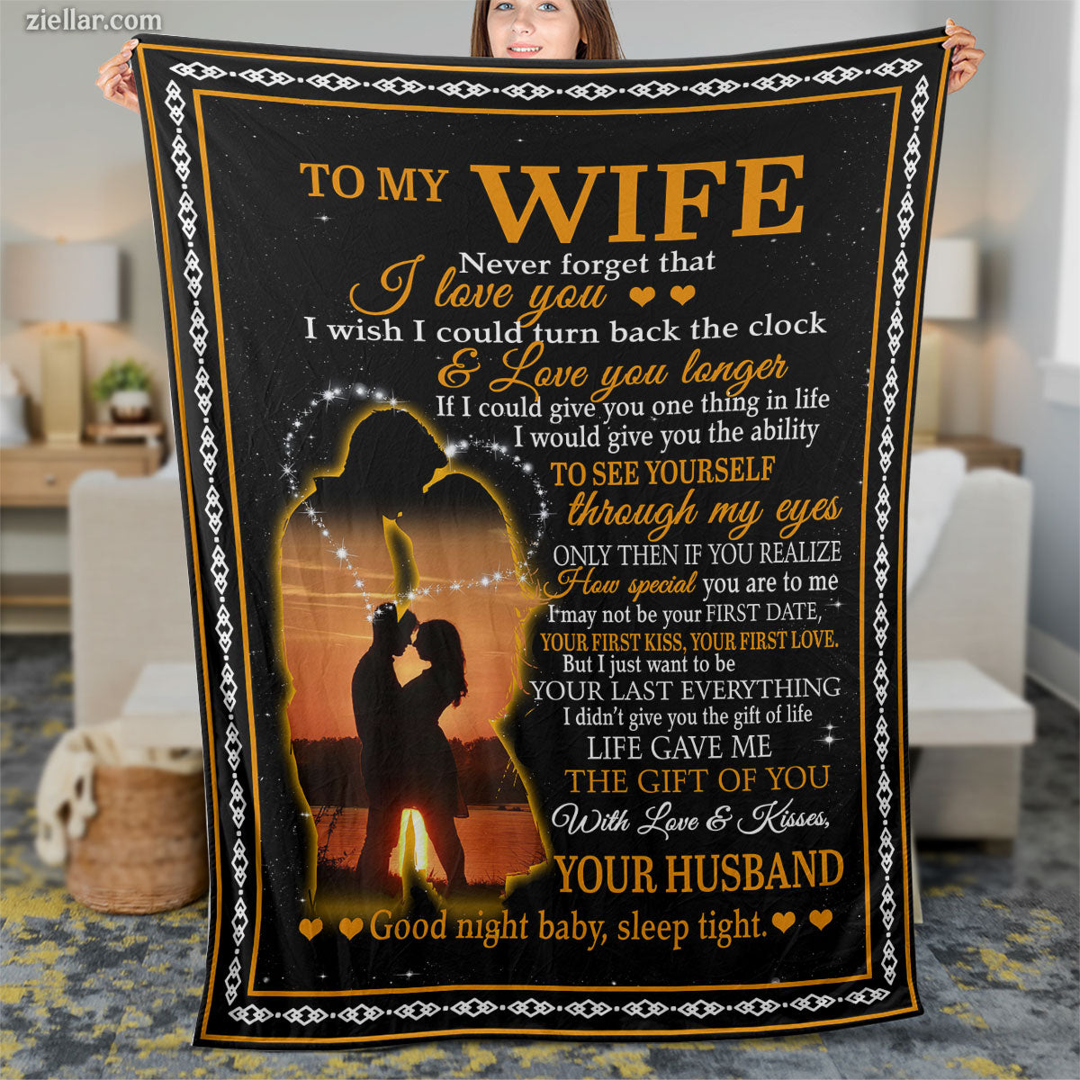 To My Wife Quilt Blanket, Fleece Blanket Silhouette Couple Gift for Loving Wife