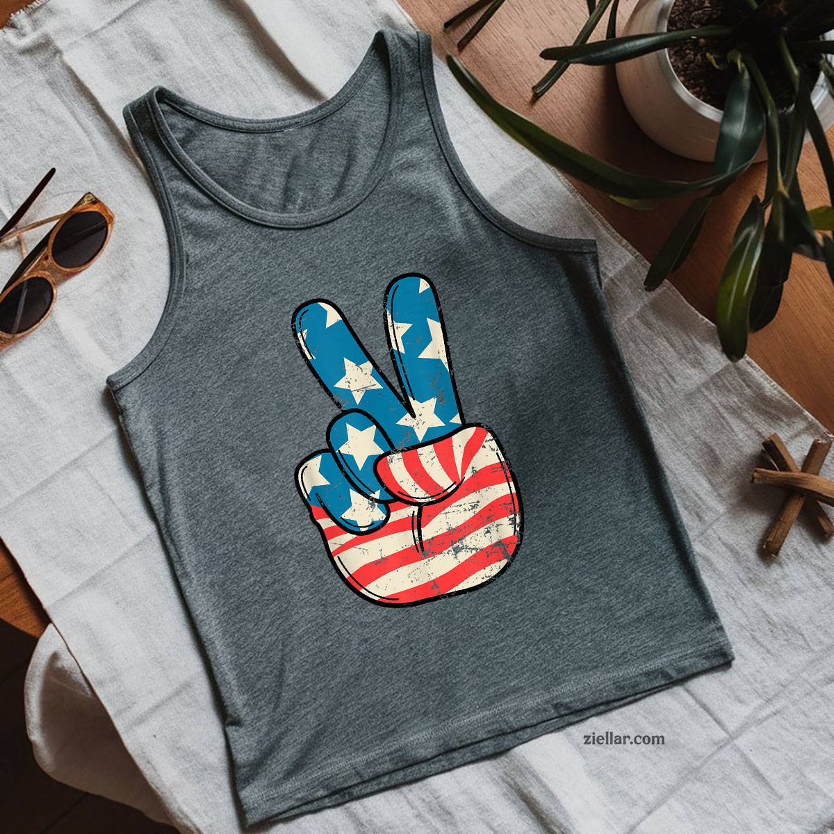 USA Flag Peace Sign Hand 4th of July Patriotic Men Tank Top Shirt Tee