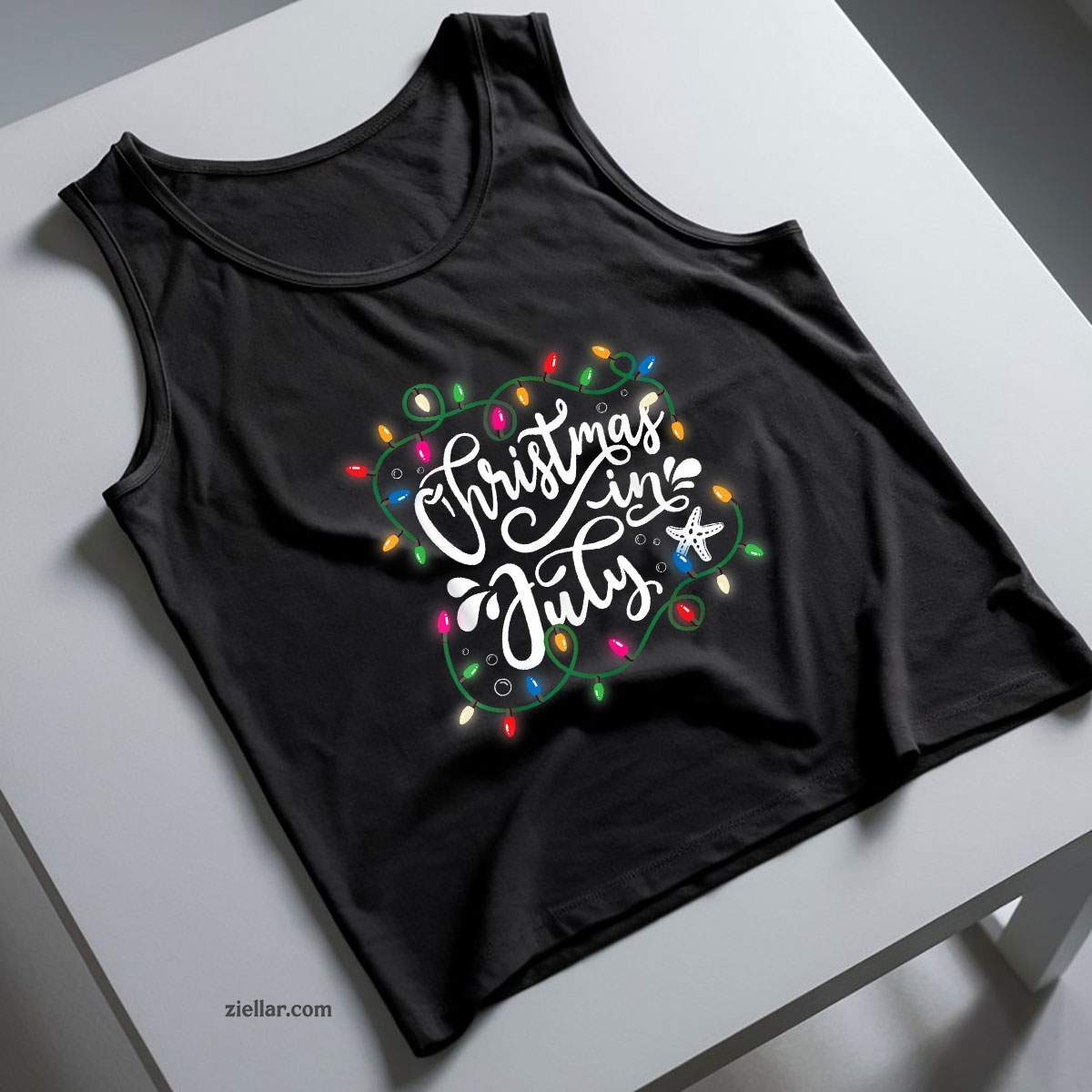 Christmas In July Lights Funny Summer Xmas Men Women Tank Top Shirt Funny Christmas in July Tee and Tank Top Shirt for Men Women Adults