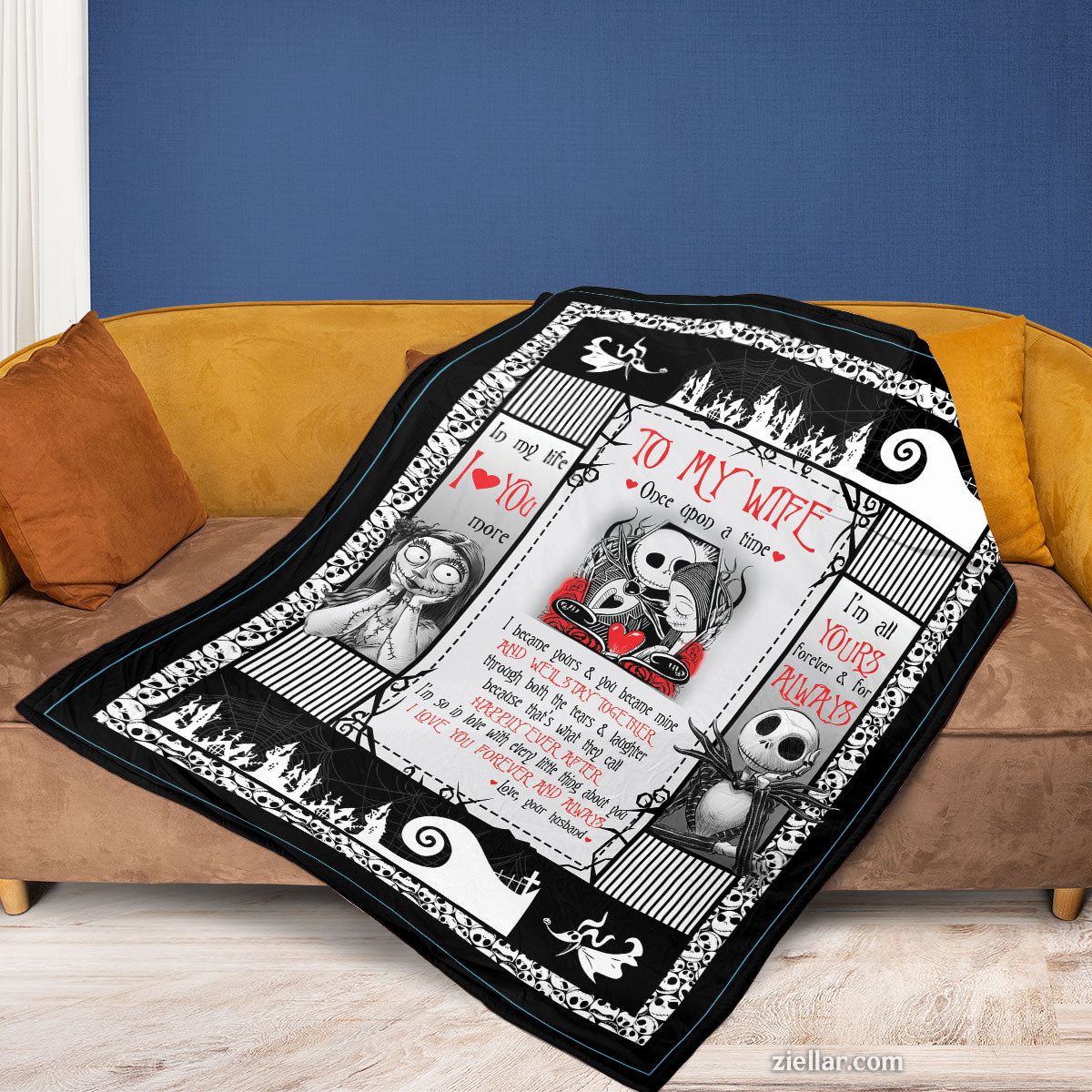 To My Wife Quilt Blanket, Fleece Blanket Gift with Skulls, Roses and Gothic Love Message