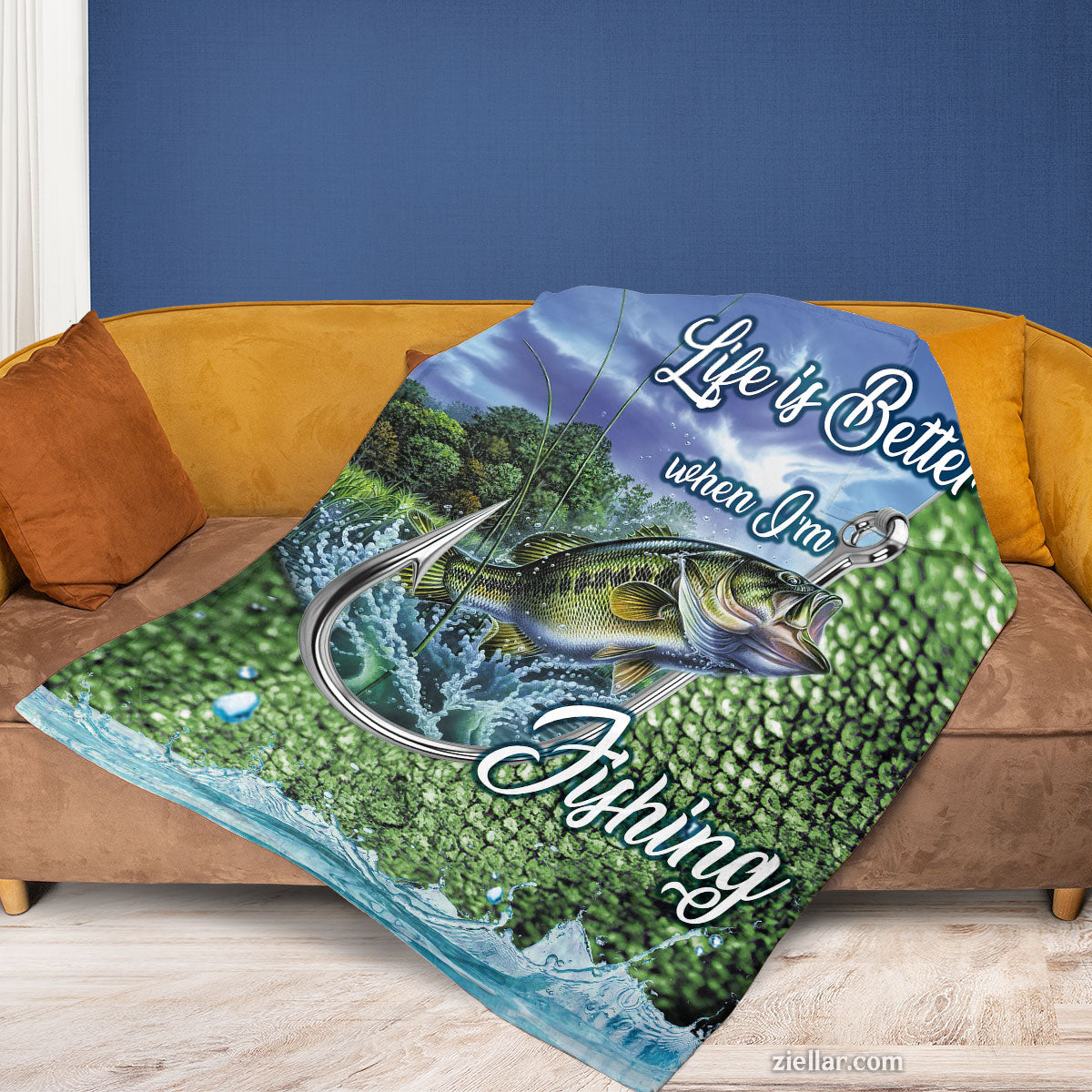 Fishing Life Quilt Blanket, Fleece Blanket with Bass Fish and Nature Scene for Outdoorsmen