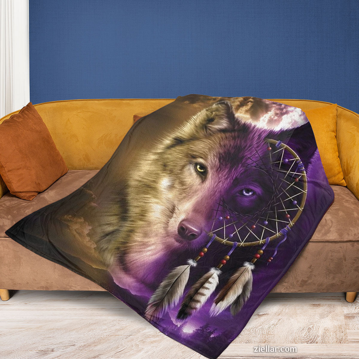 Wolf Dreamcatcher Quilt Blanket, Fleece Blanket with Purple Moon and Tribal Feathers