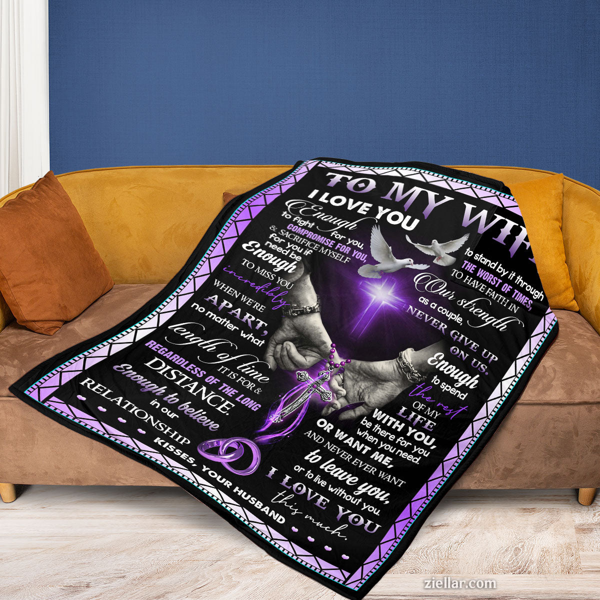 To My Wife Quilt Blanket, Fleece Blanket Gift with Purple Heart and Romantic Vow