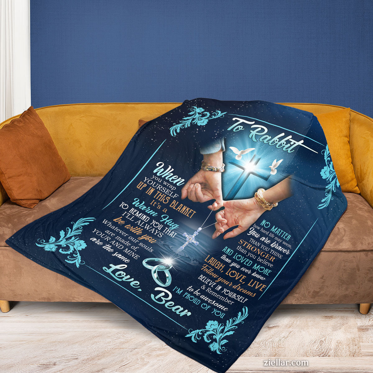 To Rabbit Quilt Blanket, Fleece Blanket with Holding Hands and Blue Floral Border