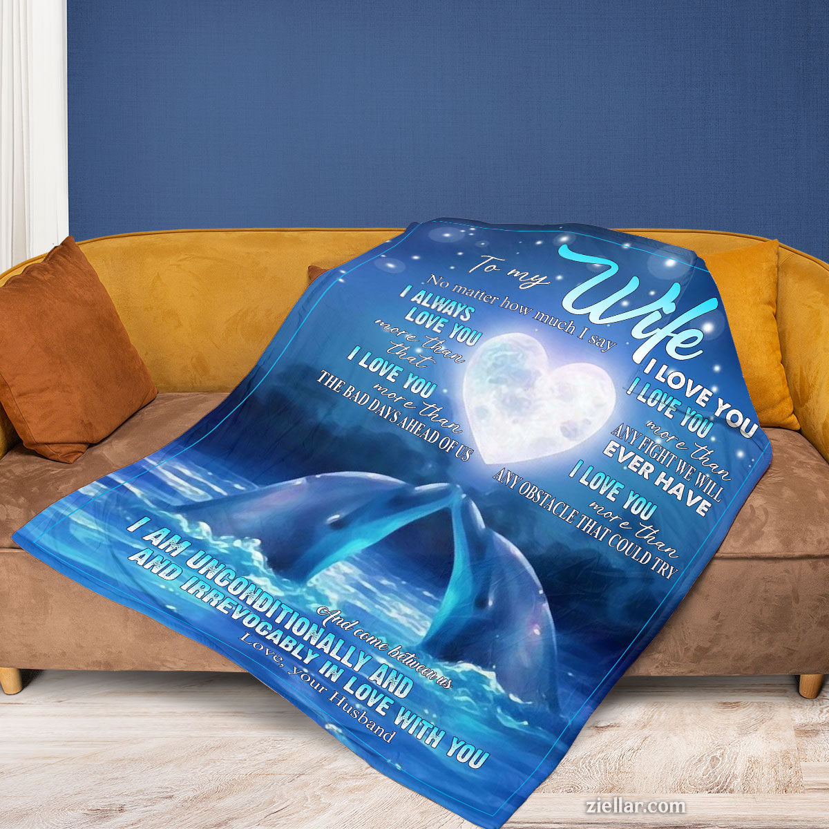 To My Wife Quilt Blanket, Fleece Blanket with Dolphins, Moon and Love Confession