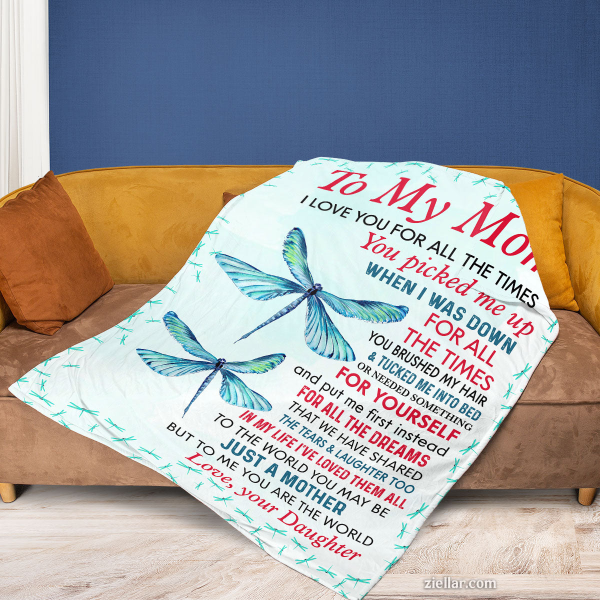 To My Mom Quilt Blanket, Fleece Blanket Gift with Dragonflies and Encouraging Words