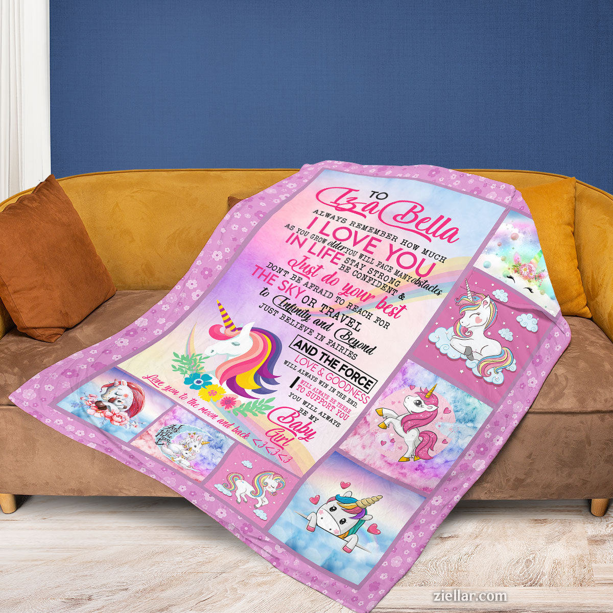 To My Daughter Lisa Bella Quilt Blanket, Fleece Blanket with Unicorns and Hearts, Personalized Name
