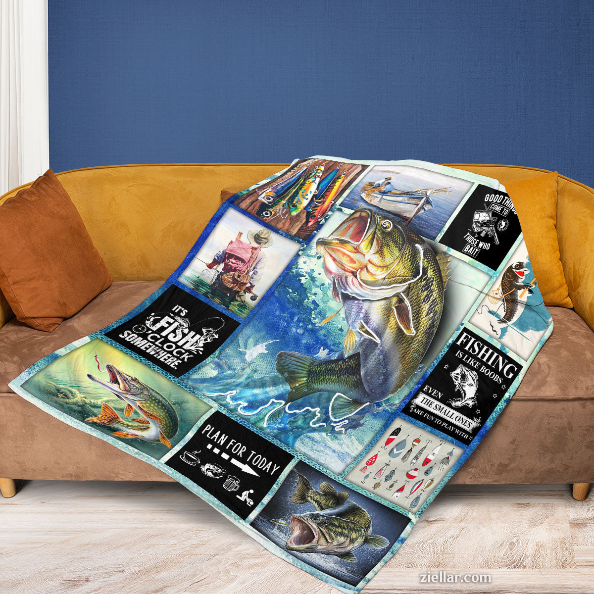 Fishing Lover Quilt Blanket, Fleece Blanket Gift for Fishermen with Fish and Lure Images, Custome Name