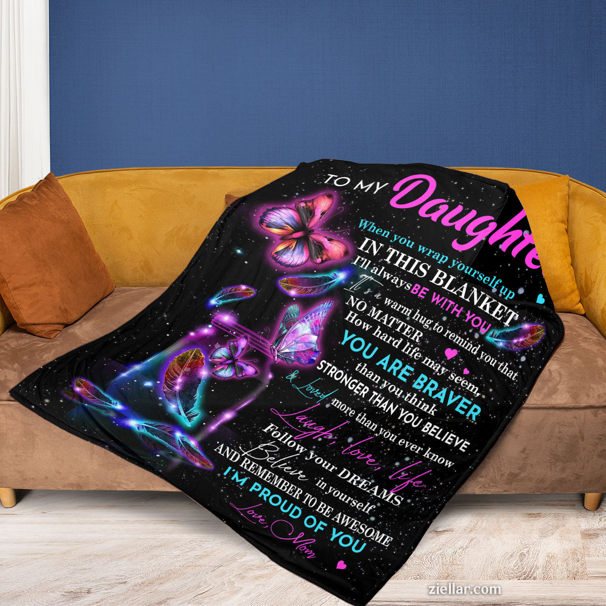 To My Daughter Quilt Blanket, Fleece Blanket Gift with Fireflies and Butterflies, Custome Name Option