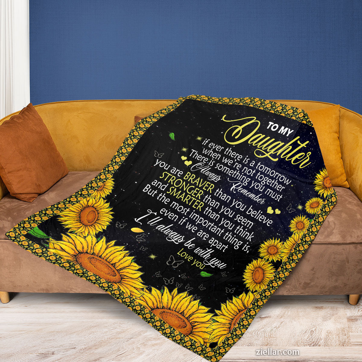 To My Daughter Quilt Blanket, Fleece Blanket Gift with Sunflower Border and Quotes, Custom Name Option