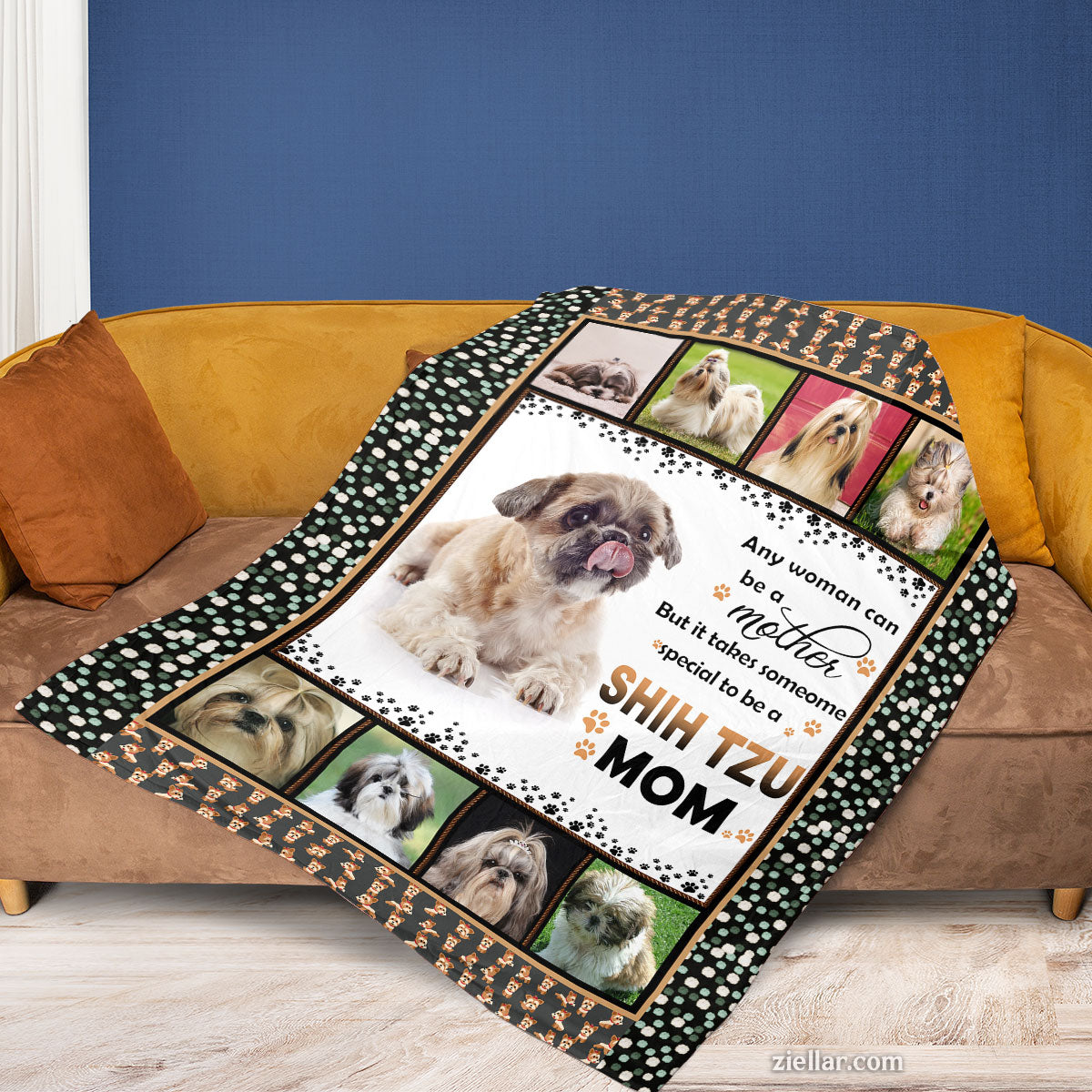 Shih Tzu Dog Mom Quilt Blanket, Fleece Blanket Gift for Dog Lovers with Paws, Custome Name Option