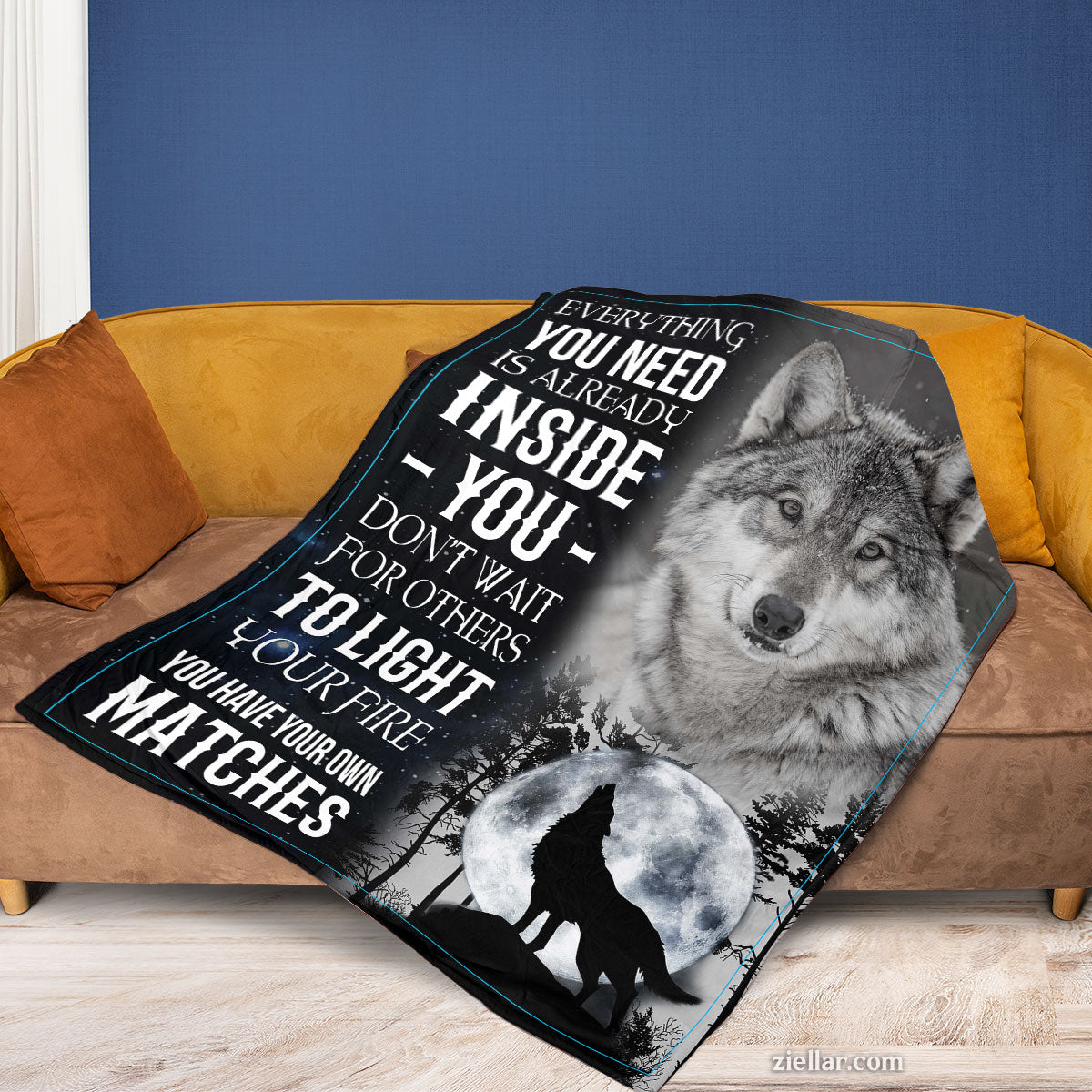 Wolf Under Moon Quilt Blanket, Fleece Blanket Gift with Empowering Quote, Personalized Name