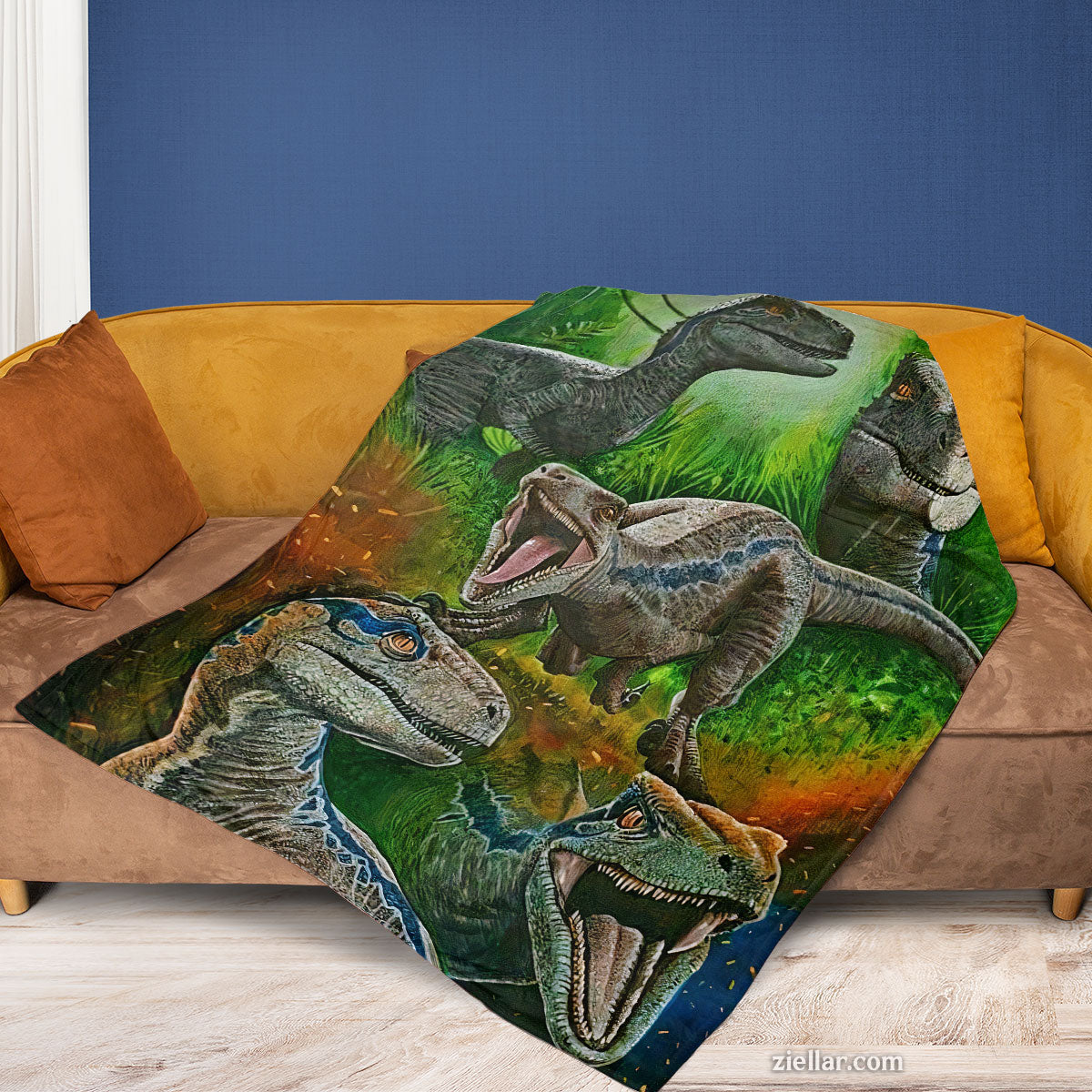 Velociraptor Dinosaur Art Quilt Blanket, Fleece Blanket Gift for Boys and Dino Lovers