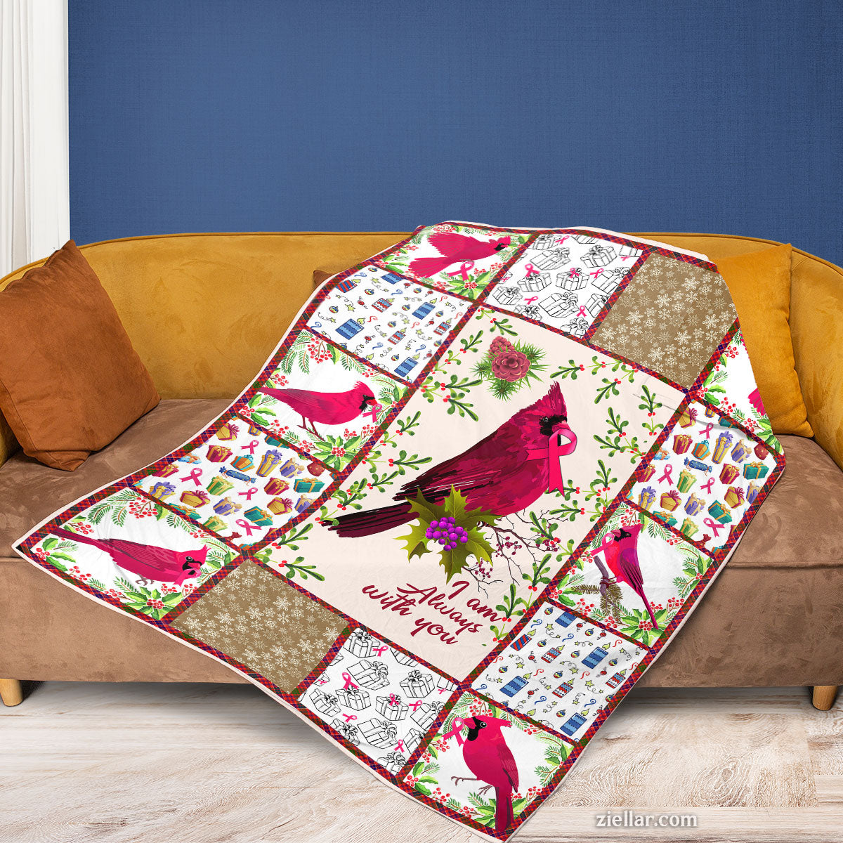 Cardinals Appear Quilt Blanket, Fleece Blanket Gift with Birds, Flowers and Nature Theme