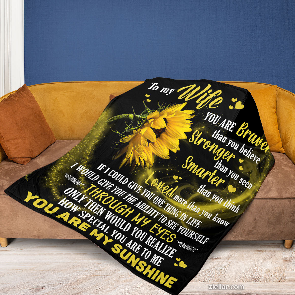 To My Wife Sunflower Love Quilt Blanket, Fleece Blanket Gift with Bold Quote, Custome Name