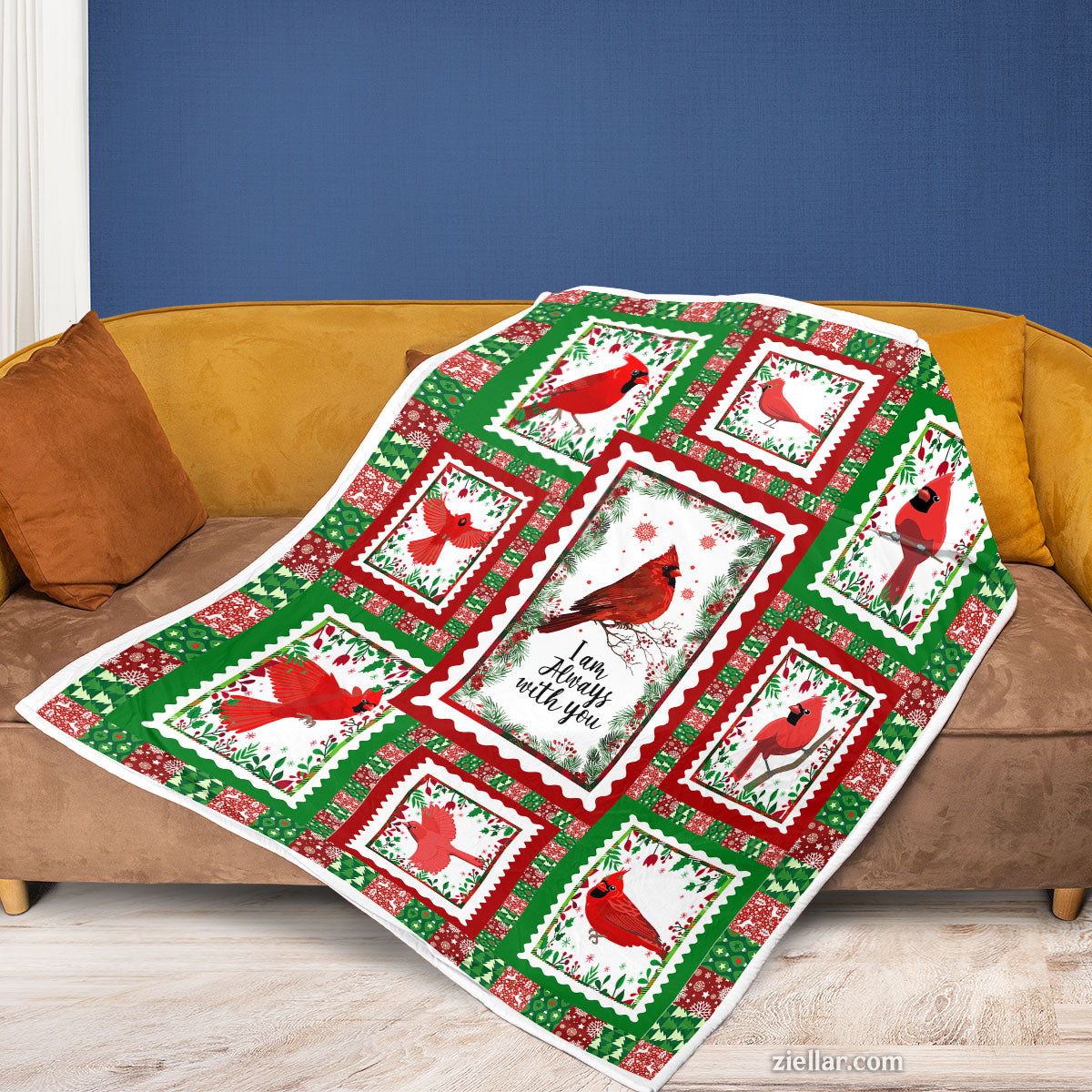 Cardinals at Christmas Quilt Blanket, Fleece Blanket Gift with Holiday Birds and Snowflakes Design