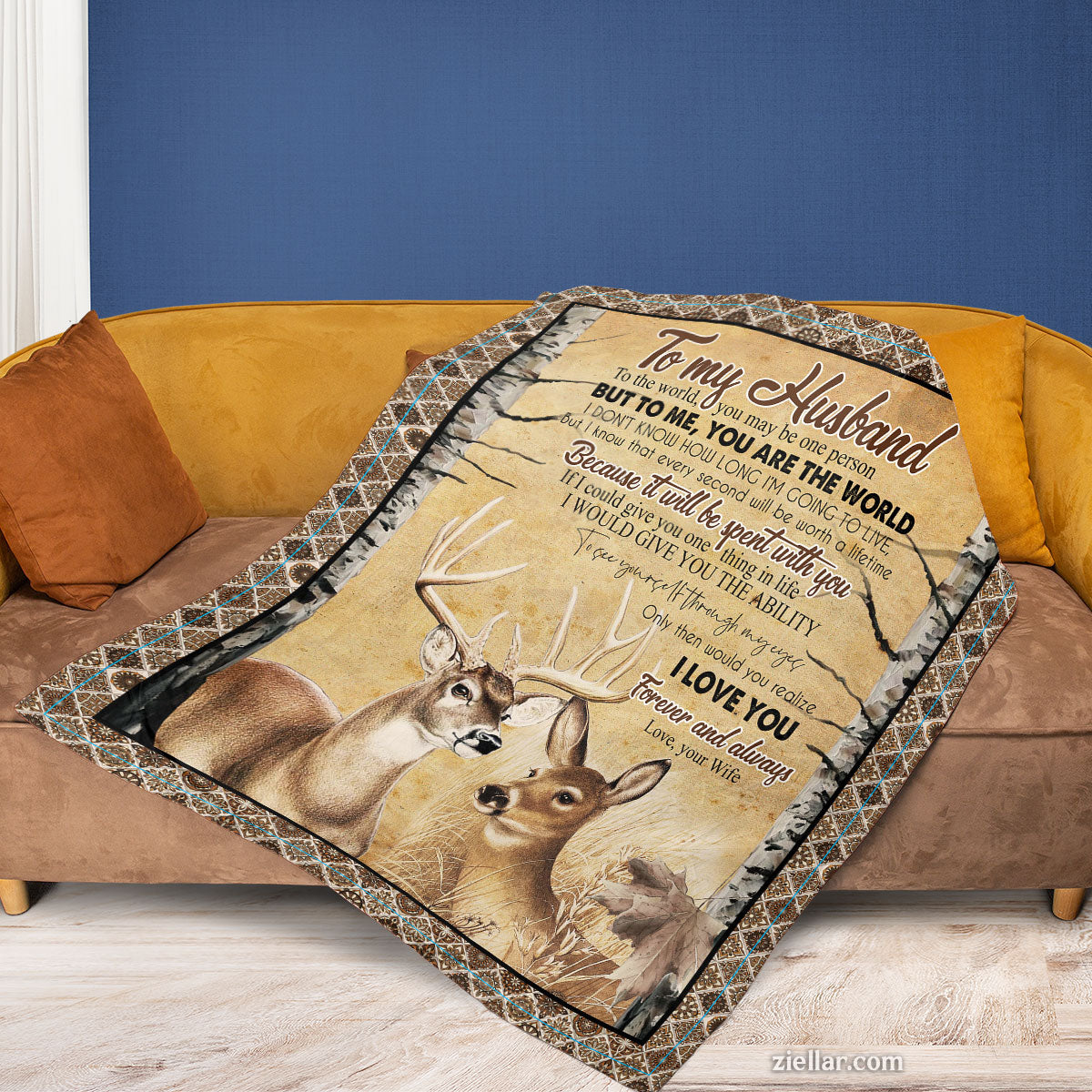 To My Husband Deer Couple Quilt Blanket, Fleece Blanket Gift from Wife with Forest Love, Personalized