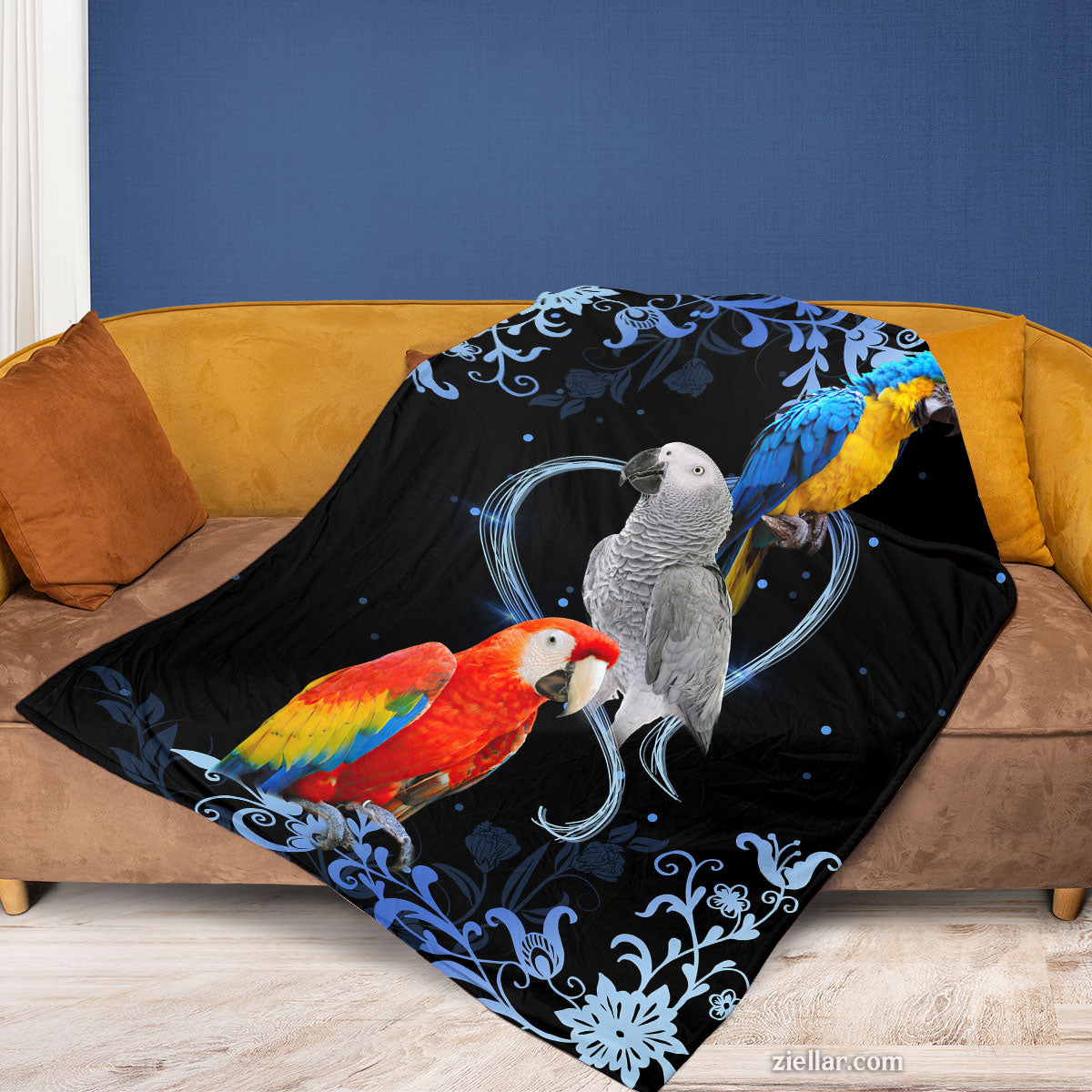 Colorful Parrots and Snowflakes Quilt Blanket, Fleece Blanket with Tropical Birds and Blue Accents