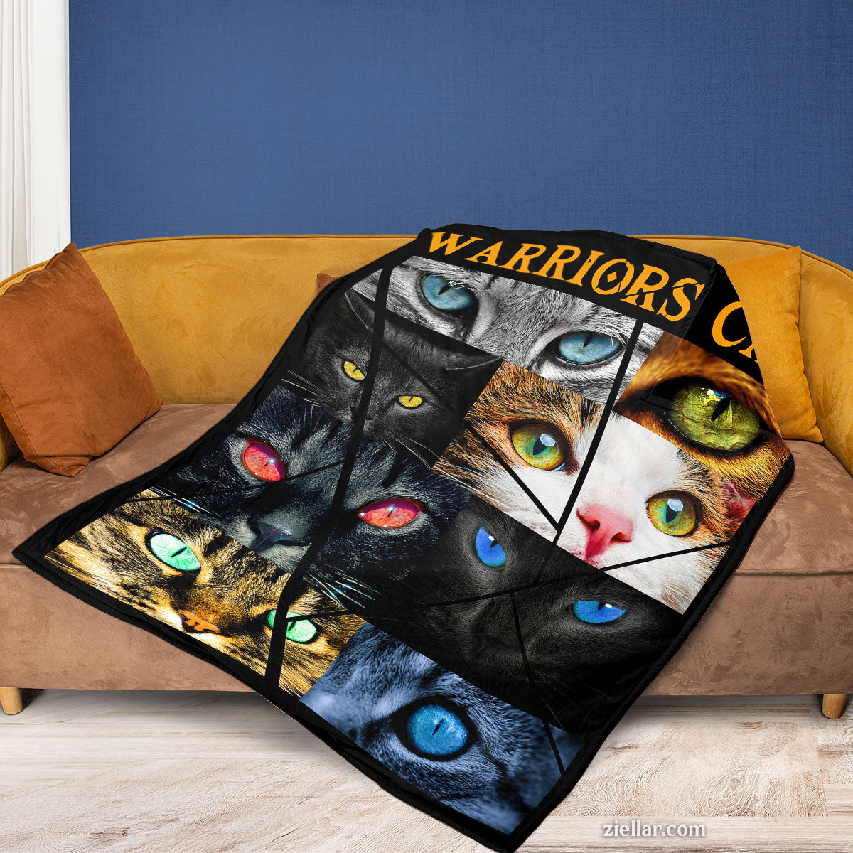 Warrior Cats Quilt Blanket, Fleece Blanket with Multi-Colored Eyes, Fierce Cat Faces, Fantasy Art