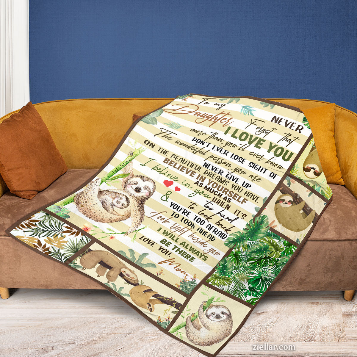 To My Daughter Quilt Blanket, Fleece Blanket Gift with Sloths and Life Advice, Custome Name Option