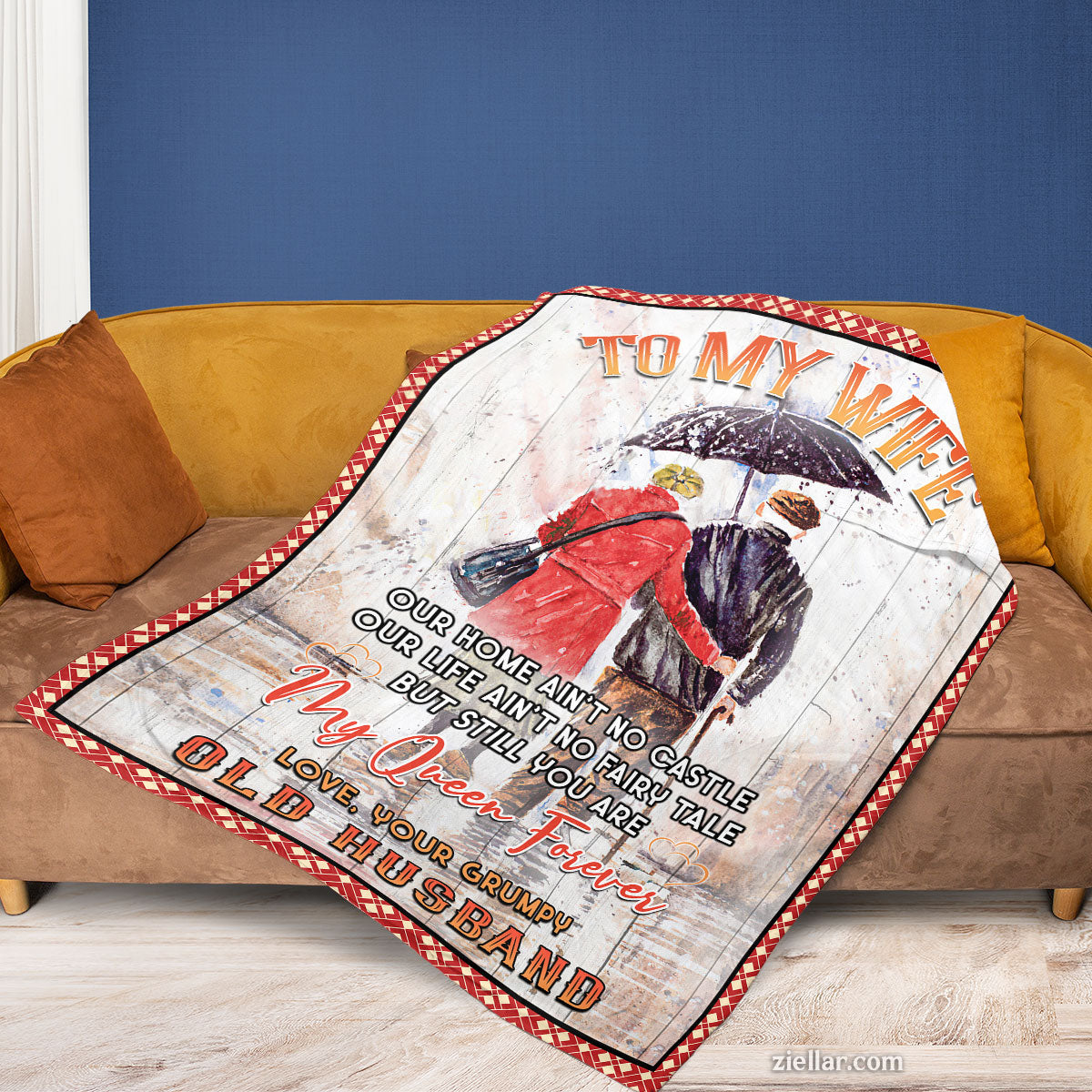 To My Wife Quilt Blanket, Fleece Blanket Gift with Victorian Couple and Umbrella Scene, Personalized