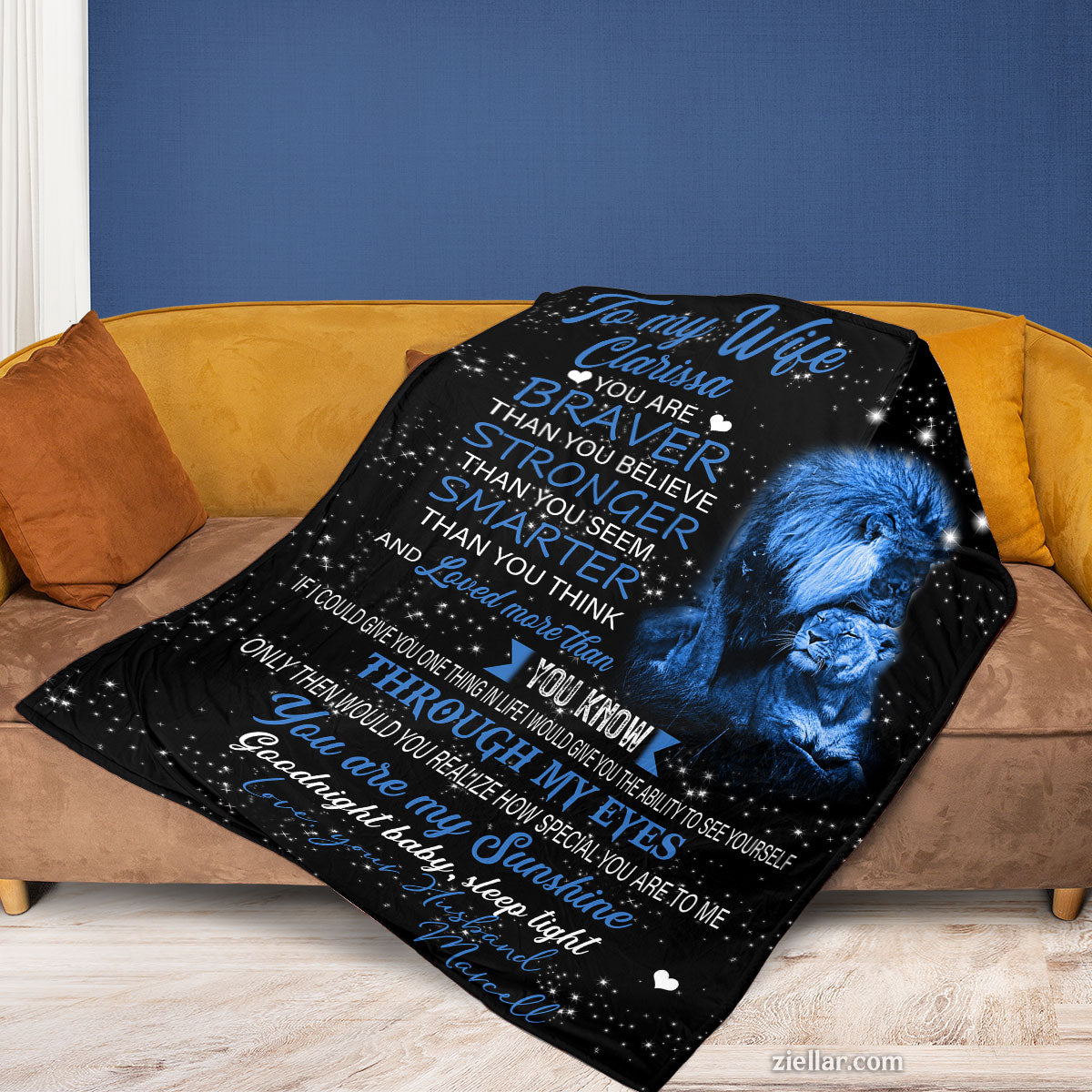 To My Wife Quilt Blanket, Fleece Blanket Gift with Blue Lion and Starry Sky, Personalized with Custome Name