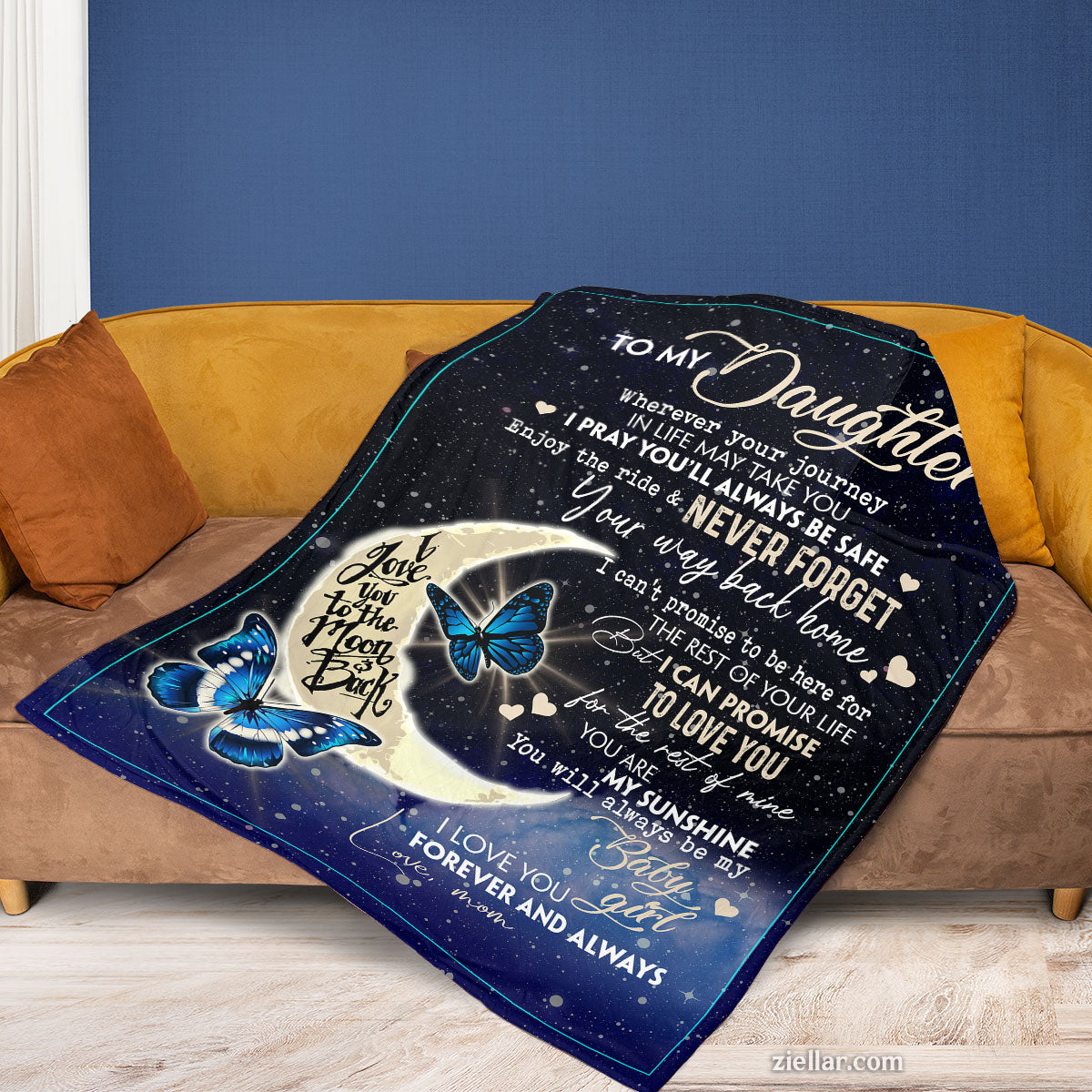 To My Daughter Quilt Blanket, Fleece Blanket Gift with Moon and Butterflies, Night Sky Design, Custome Name