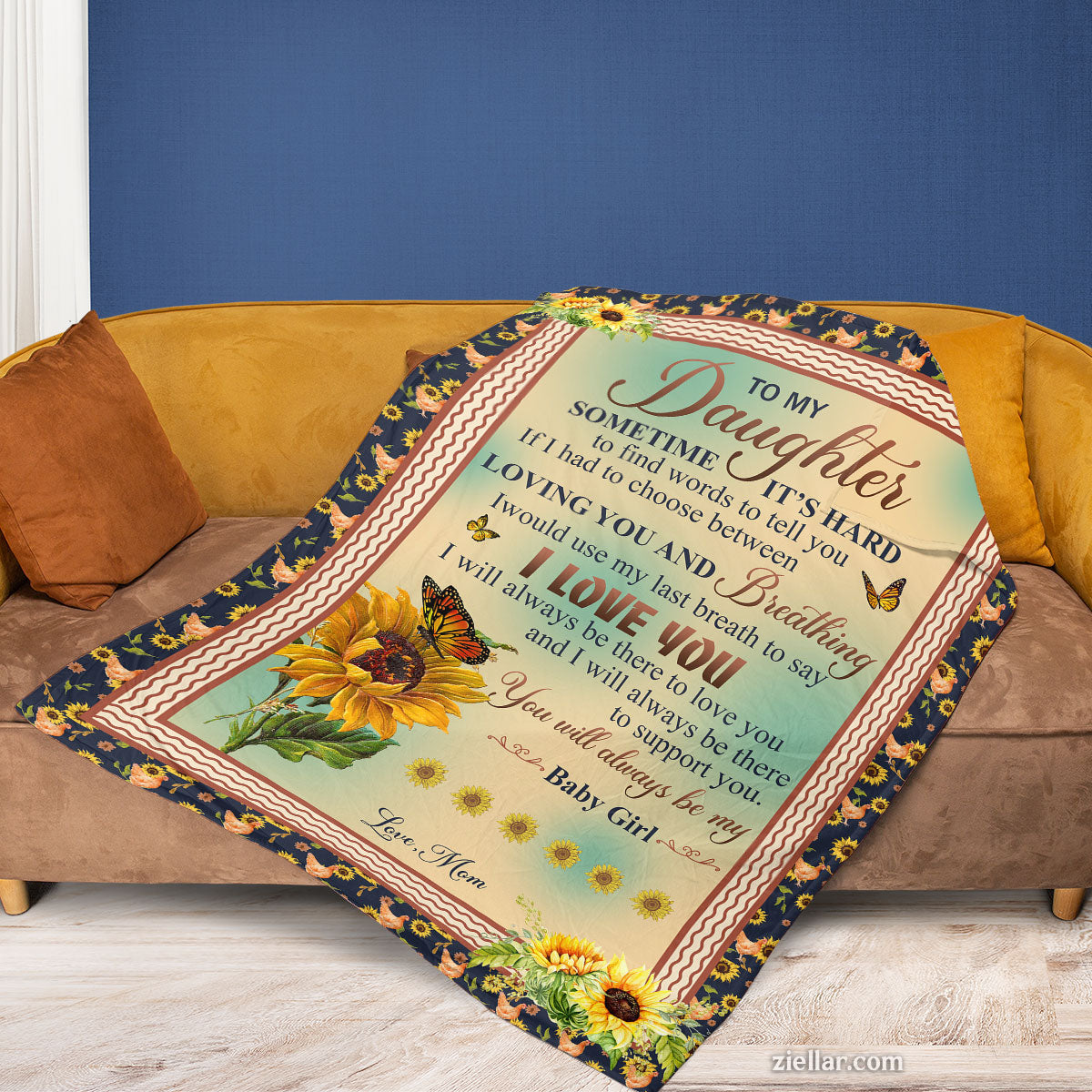 To My Daughter Quilt Blanket, Fleece Blanket Gift with Sunflower and Motivational Poem, Custome Name