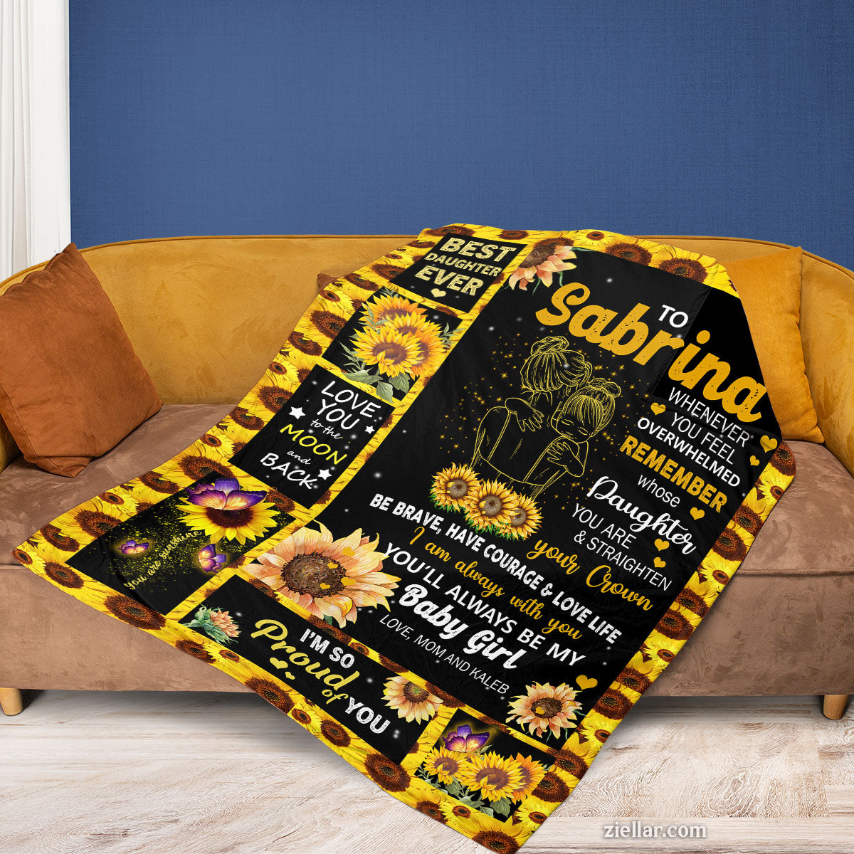 To Sabrina Quilt Blanket, Fleece Blanket Gift for Daughter with Sunflowers, Personalized