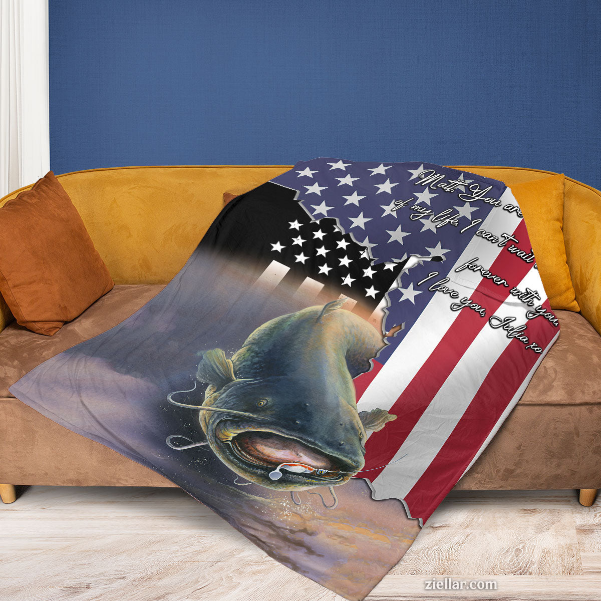 American Flag Catfish Quilt Blanket, Fleece Blanket Patriotic Fishing Gift for Men
