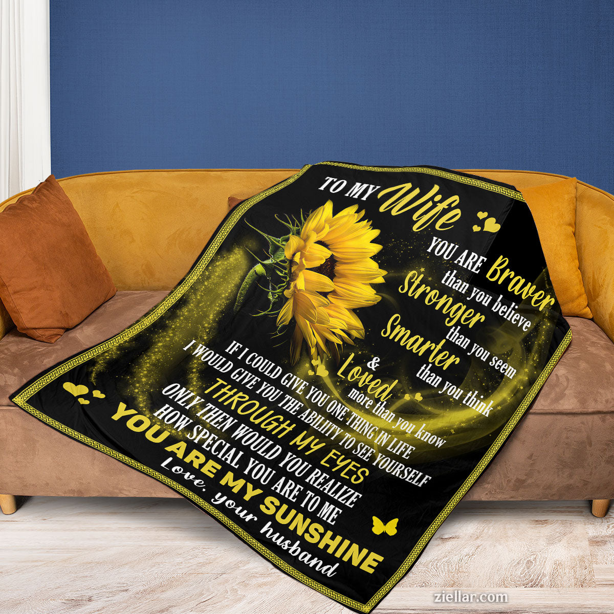To My Wife Quilt Blanket, Fleece Blanket Sunflower Gift from Husband with Heartfelt Words, Personalized