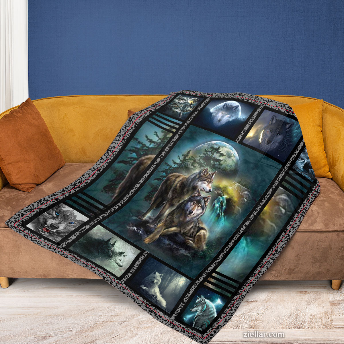 Wolf and Nature Quilt Blanket, Fleece Blanket Moonlight Forest Theme for Animal Lovers