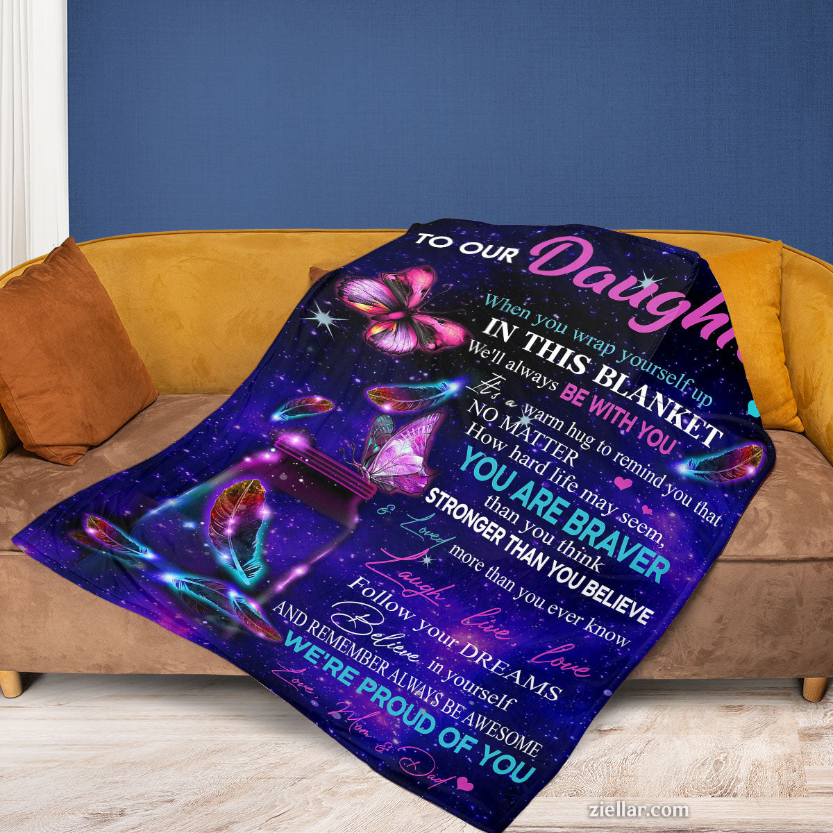 To Our Daughter Quilt Blanket, Fleece Blanket Butterfly Galaxy Gift from Parents, Custome Name