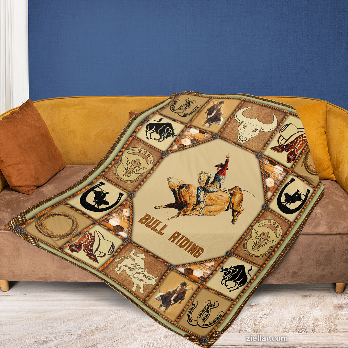 Bull Riding Quilt Blanket, Fleece Blanket Rodeo Western Cowboy Theme for Men or Boys