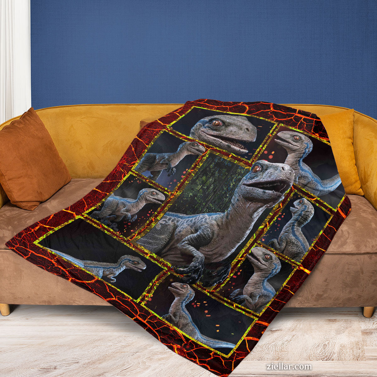 Velociraptor Quilt Blanket, Fleece Blanket Dinosaur Reptile Gift for Boys and Dino Lovers