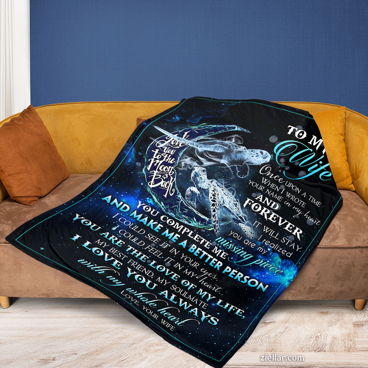 To My Wife Quilt Blanket, Fleece Blanket Moon and Ocean Art Romantic Gift, Custome Name