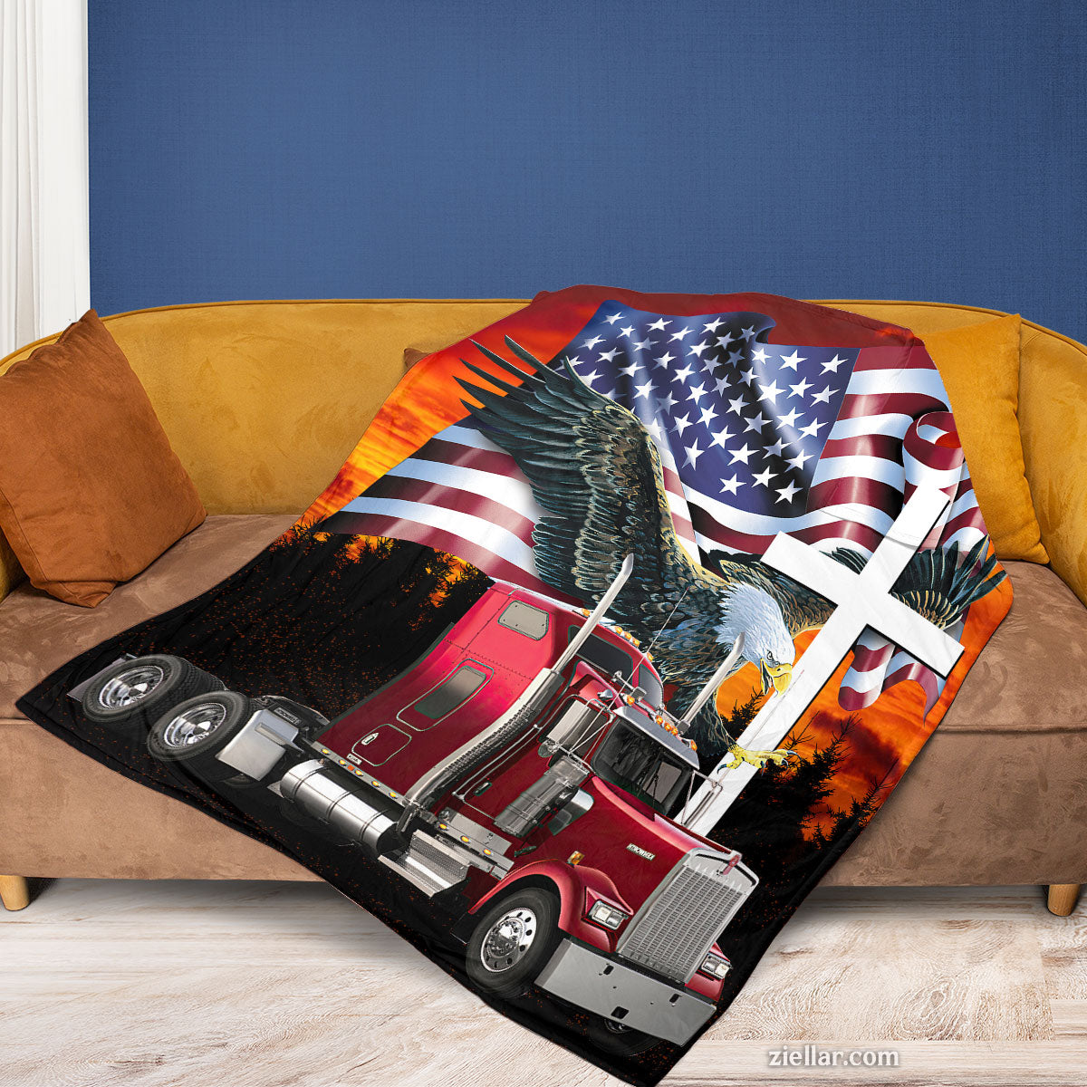 Truck and Eagle Quilt Blanket, Fleece Blanket American Flag and Cross Patriotic Gift Design