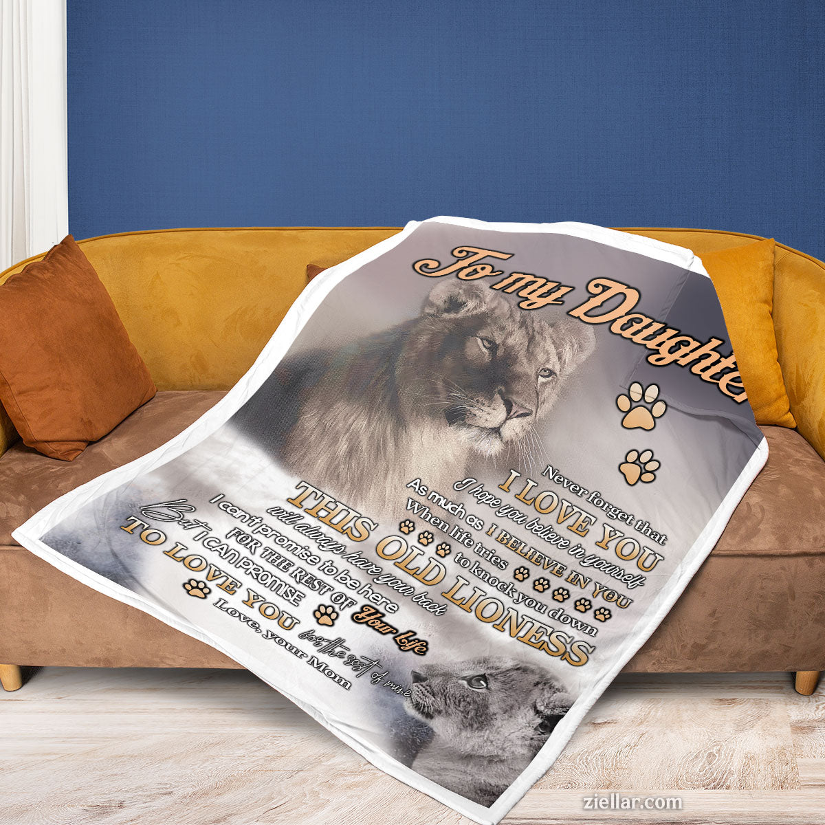 To My Daughter Quilt Blanket, Fleece Blanket Lion and Paw Print Art, Custome Name