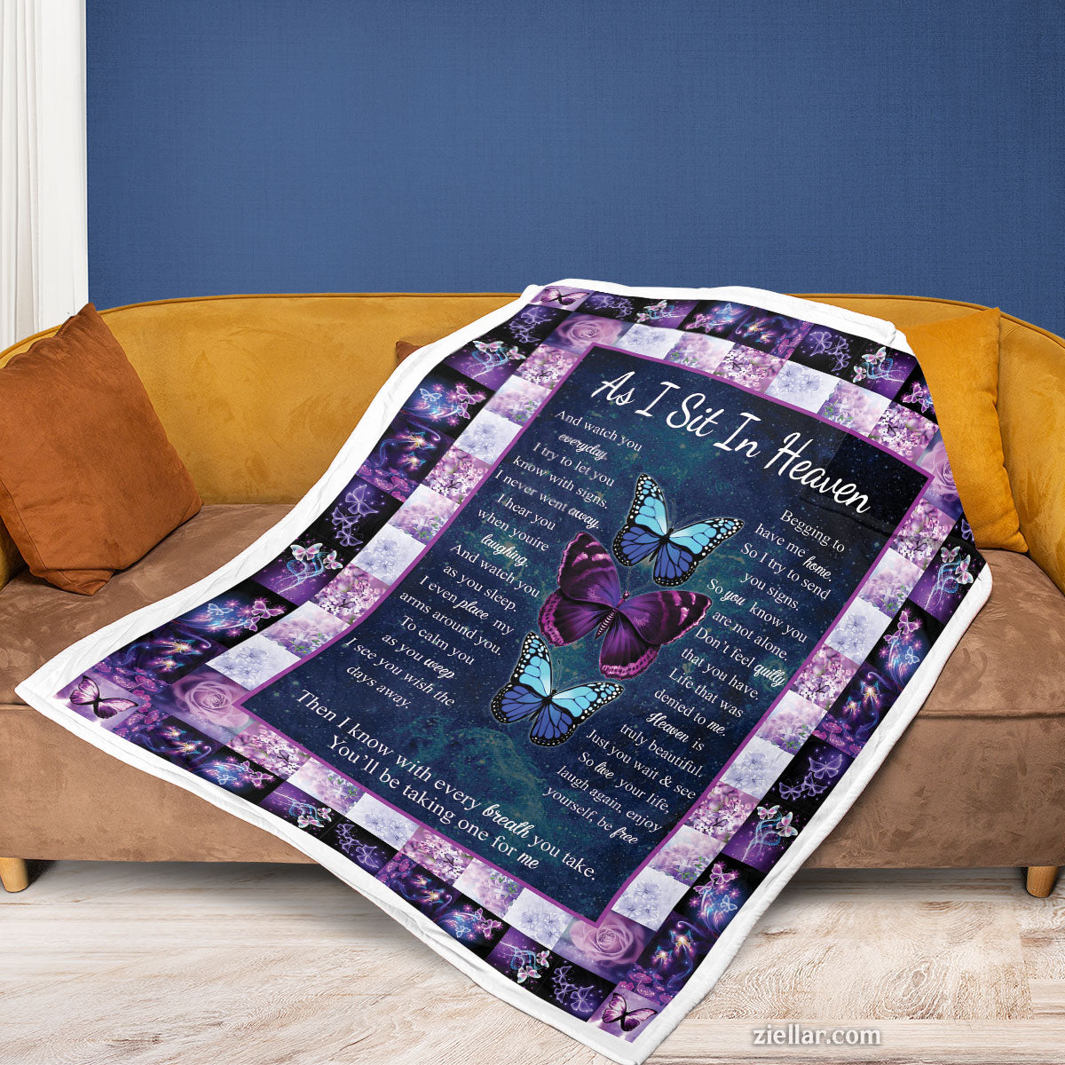 Butterfly Heaven Poem Quilt Blanket, Fleece Blanket Sympathy Memorial Gift, Personalized