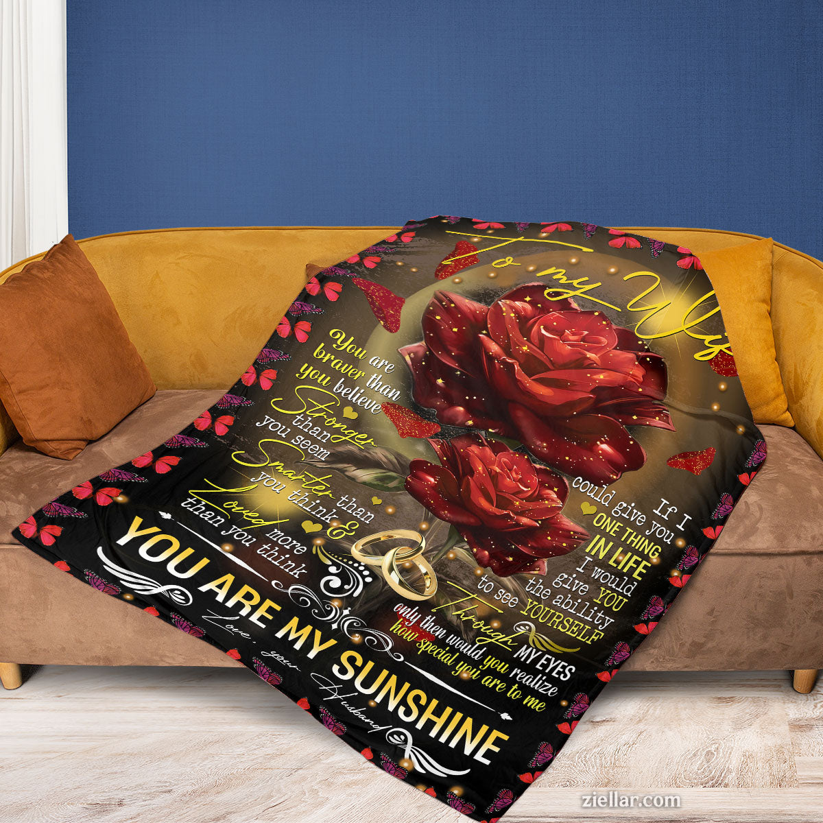 To My Wife Quilt Blanket, Fleece Blanket Red Rose Romantic Gift for Her, Personalized