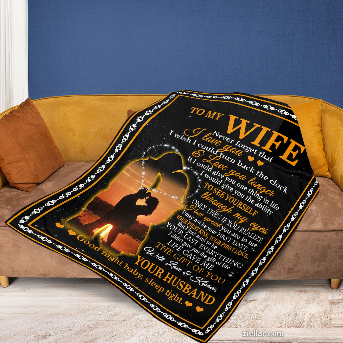 To My Wife Quilt Blanket, Fleece Blanket Silhouette Couple Gift for Loving Wife