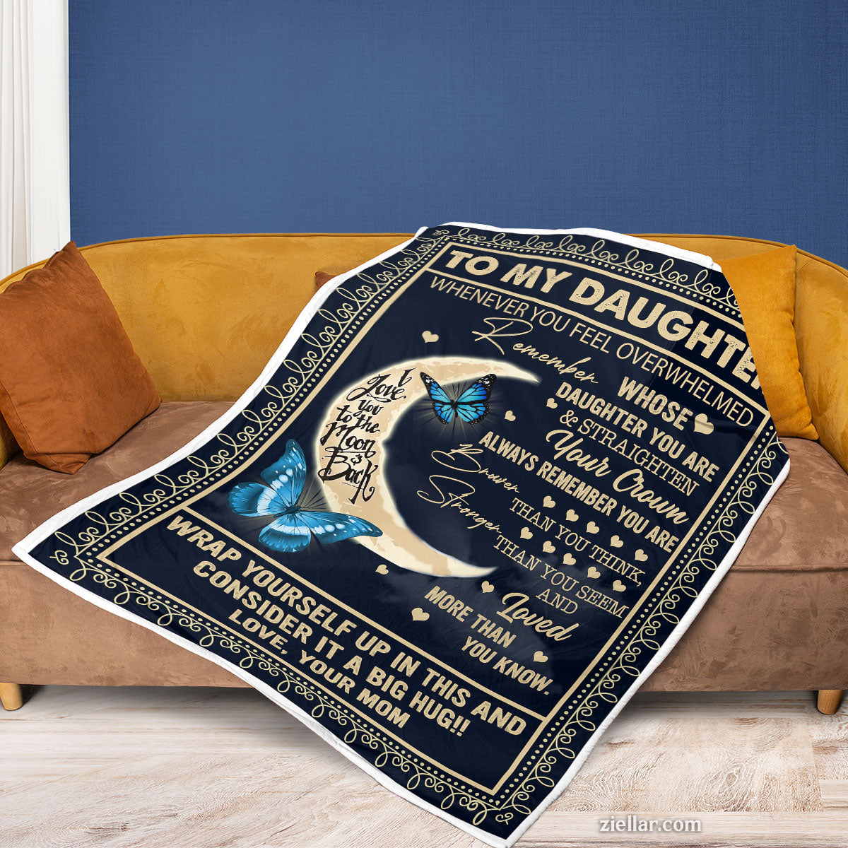 To My Daughter Quilt Blanket, Fleece Blanket Gift with Moon and Butterfly Message