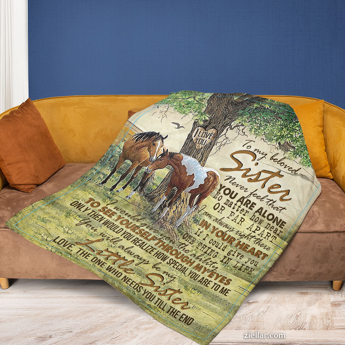 To My Sister Quilt Blanket, Fleece Blanket Gift with Horse and Nature-Themed Message