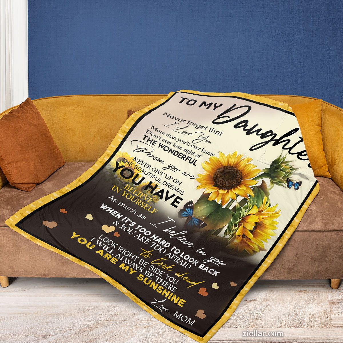To My Daughter Quilt Blanket, Fleece Blanket Gift with Sunflowers and Heartfelt Message