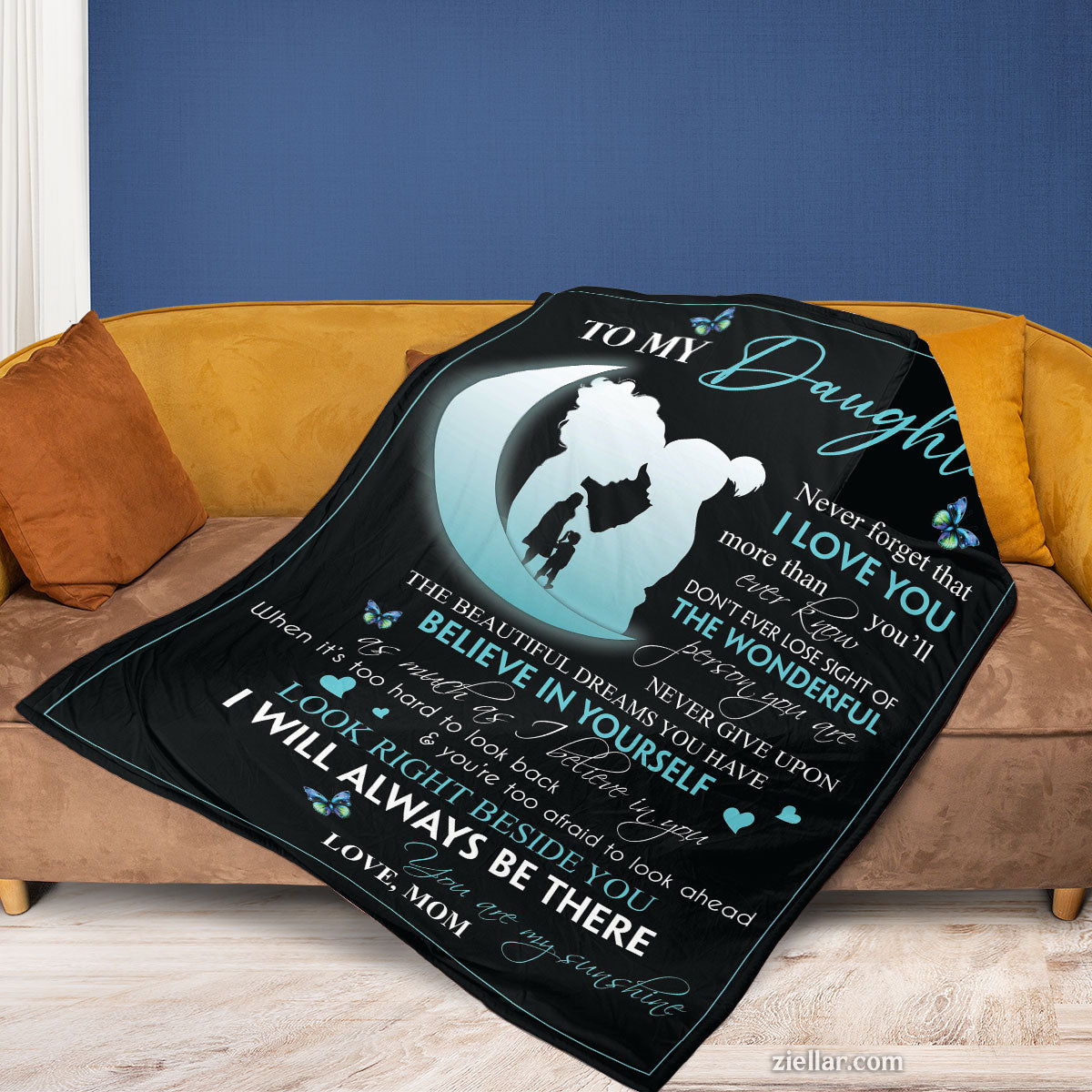 To My Daughter Quilt Blanket, Fleece Blanket Gift with Moon Silhouette and Sweet Quote